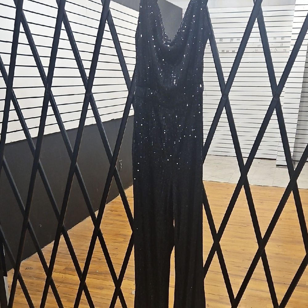 SHEIN Black Sequin Cowl Neck Jumpsuit